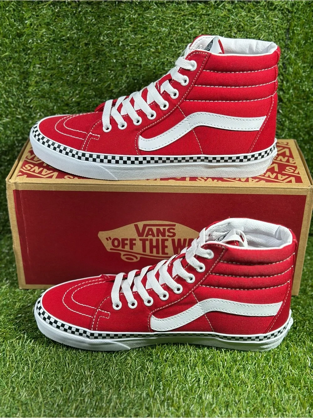 Vans SK8-HI  Check Foxing, Red/White with Checkerboard Trim, Men’s 8,VN0A38GEVS5